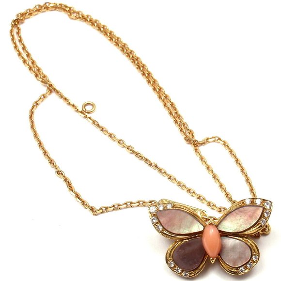 VAN CLEEF & ARPELS 18k Yellow Gold Diamond MOP Coral Butterfly Brooch Necklace - Picture 2 of 12